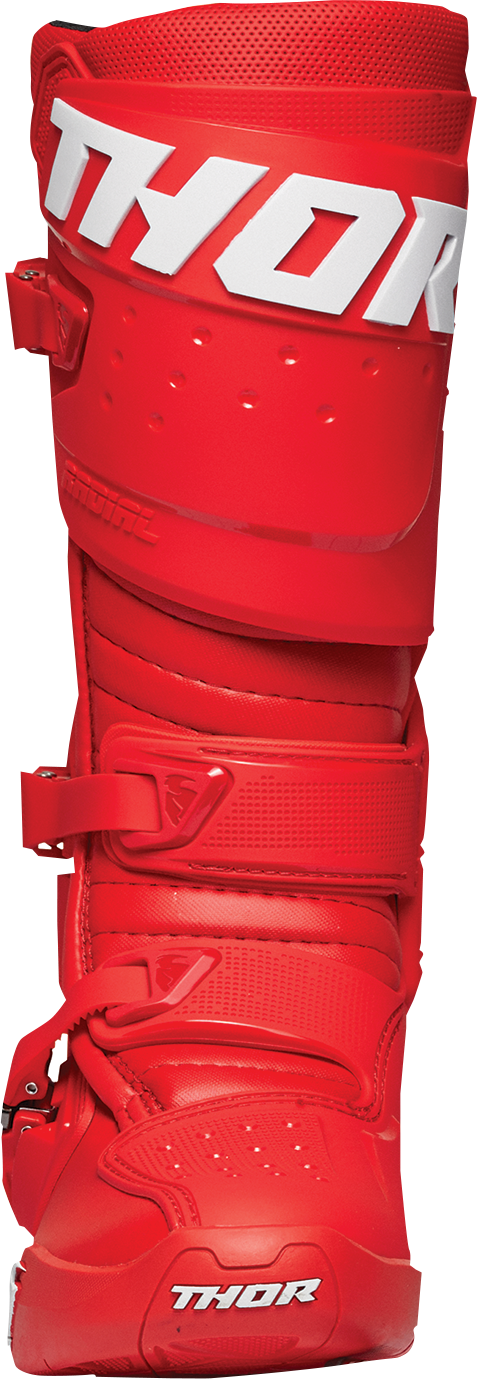 Red THOR Radial motorcycle boots in size 9, featuring sturdy design and protective features, shown from the side view.