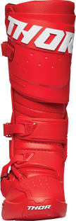 Red THOR Radial motorcycle boots in size 9, featuring sturdy design and protective features, shown from the side view.
