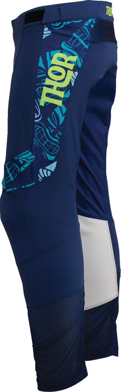 THOR Prime Aloha Navy/Aqua ATV pants with reinforced knee panels and adjustable waistband, designed for off-road riding.