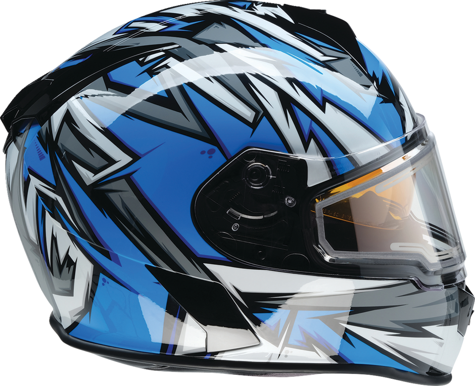 Z1R Warrant Snow Helmet in blue and white, full-face adult snow helmet with visor and adjustable straps, size XS.