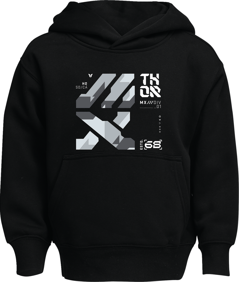 Black THOR Youth Forge pullover hoodie in small size, casual apparel with a comfortable fit and simple design.