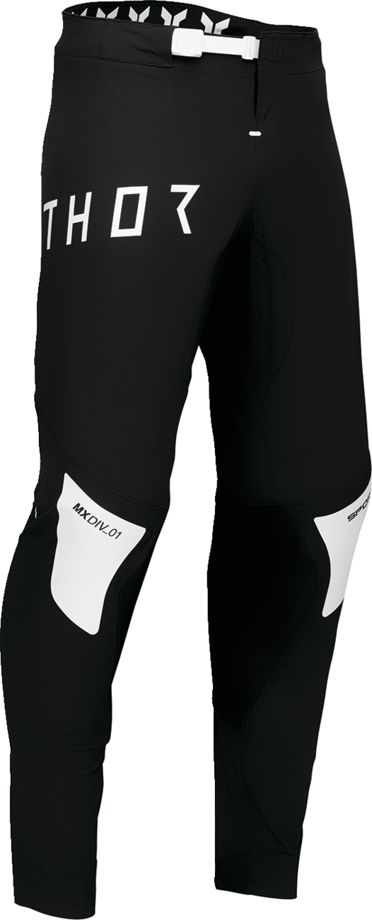 Black and white THOR Sportmode Strike offroad ATV pants, US size 30, featuring durable fabric and sporty design.
