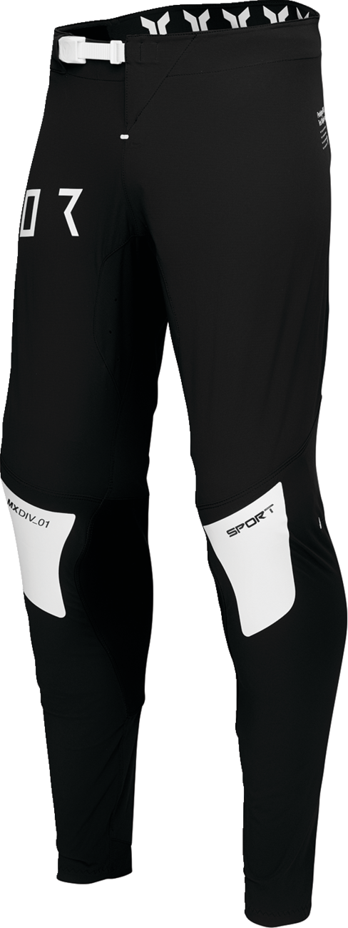 Black and white THOR Sportmode Strike offroad ATV pants in US size 30, made with durable offroad ATV apparel material.