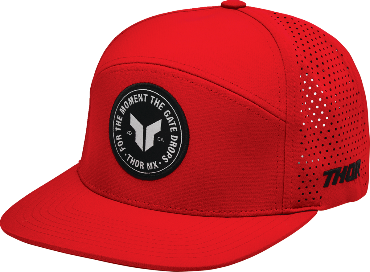 Red THOR Badge Hat featuring a prominent logo, casual headwear suitable for sports and outdoor activities.