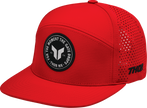 Red THOR Badge Hat featuring a prominent logo, casual headwear suitable for sports and outdoor activities.