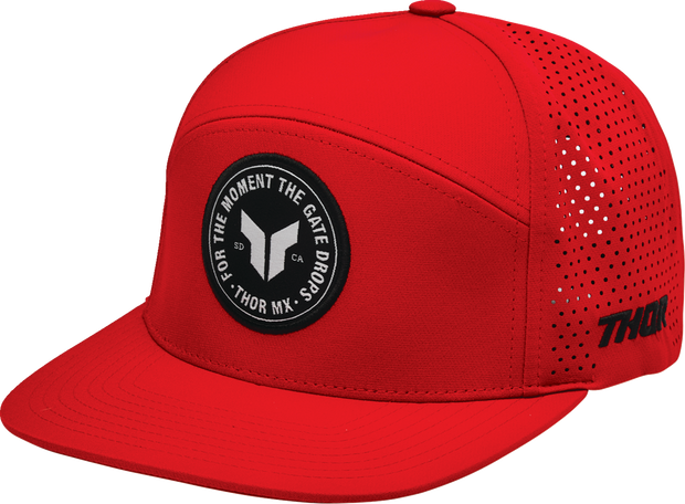 Red THOR Badge Hat featuring a prominent logo, casual headwear suitable for sports and outdoor activities.
