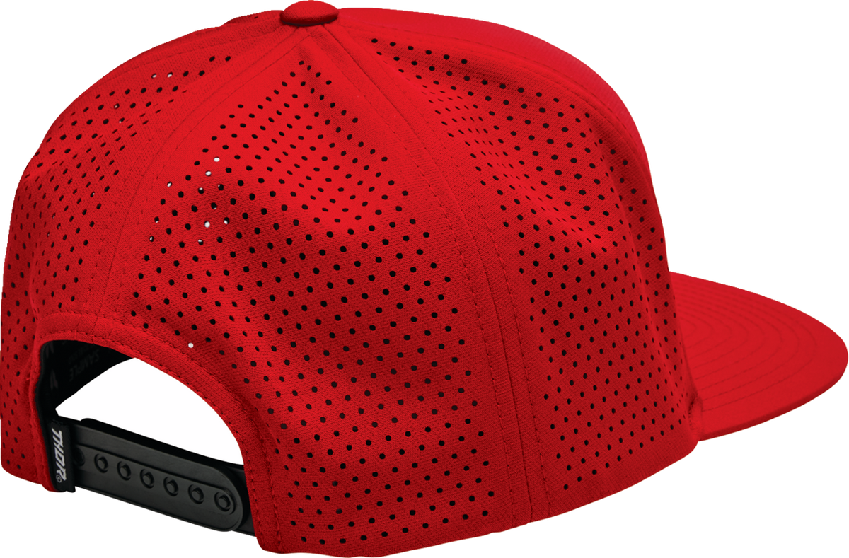 Red THOR Badge Hat, casual headwear with a prominent logo badge, featuring a comfortable fit and adjustable strap.