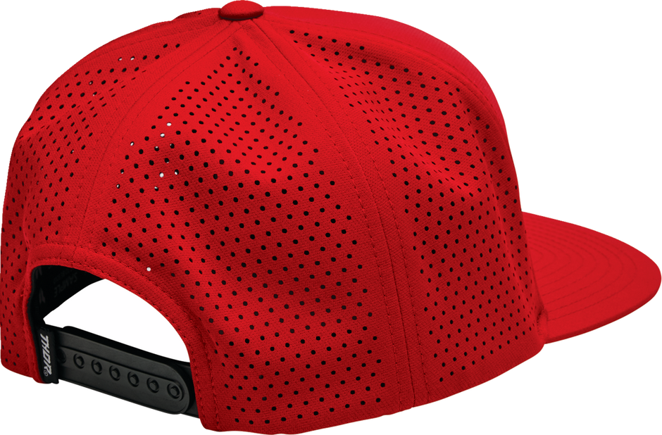 Red THOR Badge Hat, casual headwear with a prominent logo badge, featuring a comfortable fit and adjustable strap.