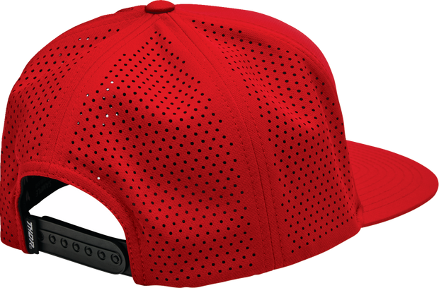 Red THOR Badge Hat, casual headwear with a prominent logo badge, featuring a comfortable fit and adjustable strap.