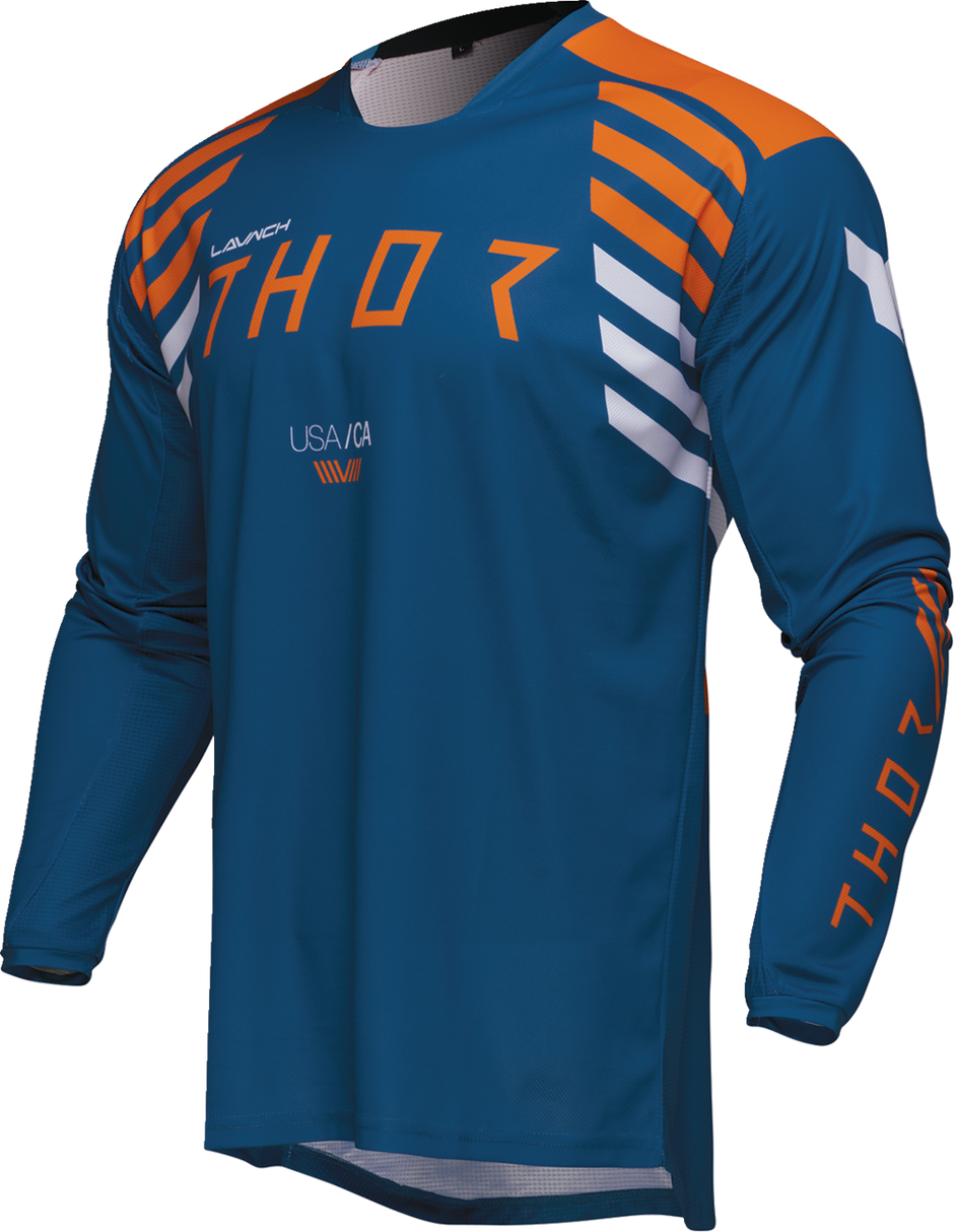 Blue THOR Launchmode Zone ATV jersey in small size, featuring offroad motocross design and breathable fabric.