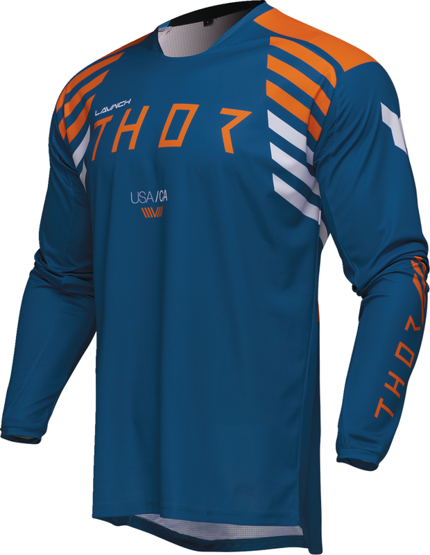 Blue THOR Launchmode Zone ATV jersey in small size, featuring offroad motocross design and breathable fabric.
