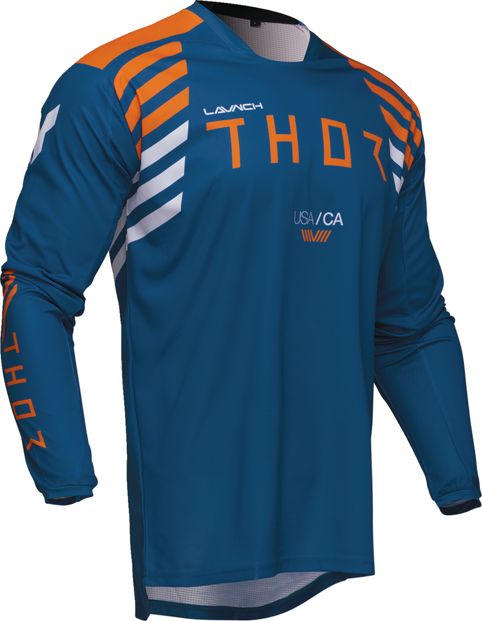 Blue THOR Launchmode Zone ATV jersey in small size, featuring offroad riding design and breathable fabric.
