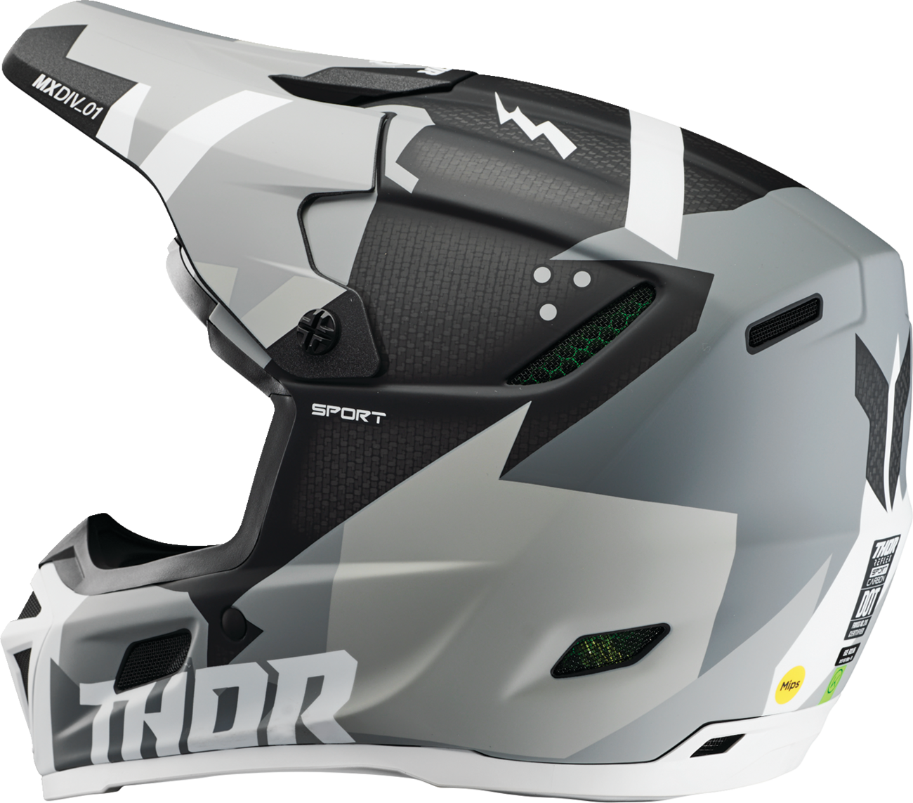THOR Reflex Sport Carbon offroad full face helmet in gray and white with MIPS® technology, size medium for adult riders.