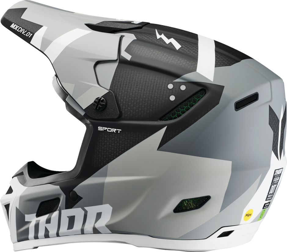 THOR Reflex Sport Carbon offroad full face helmet in gray and white with MIPS® technology, size medium for adult riders.