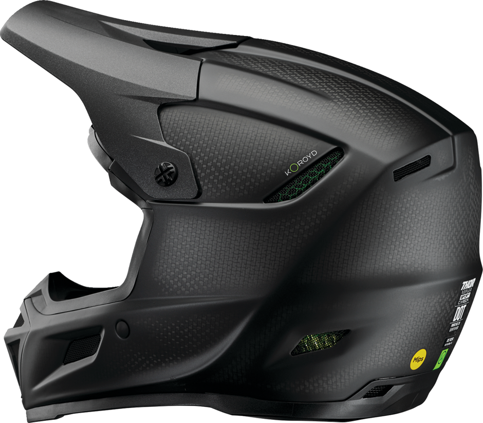 THOR Reflex Sport Carbon Offroad Full Face Helmet in black with MIPS® protection, XS size, sleek stealth design.
