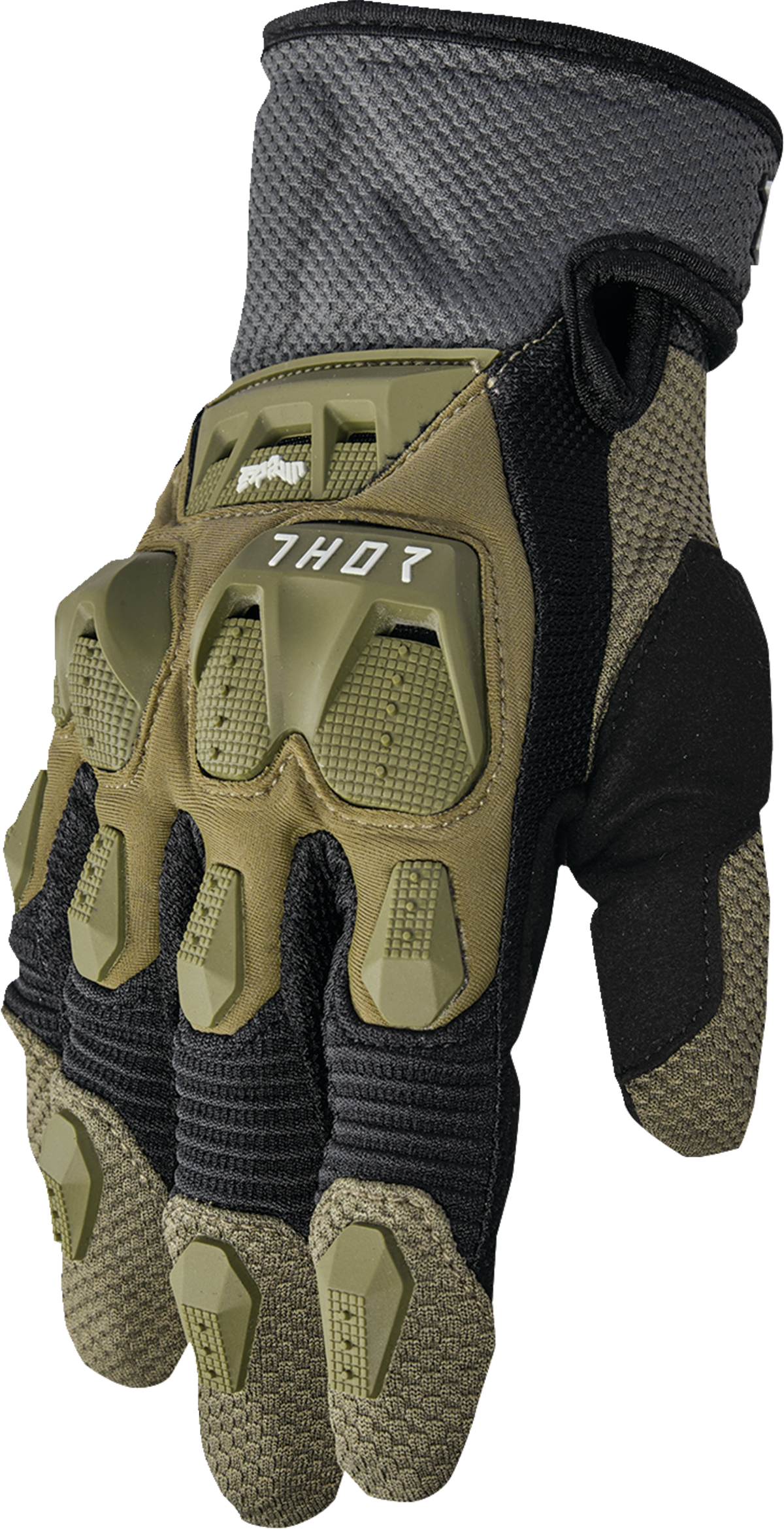 THOR Terrain gloves in army and charcoal colors, size XS, featuring durable fabric and textured grip for outdoor activities.