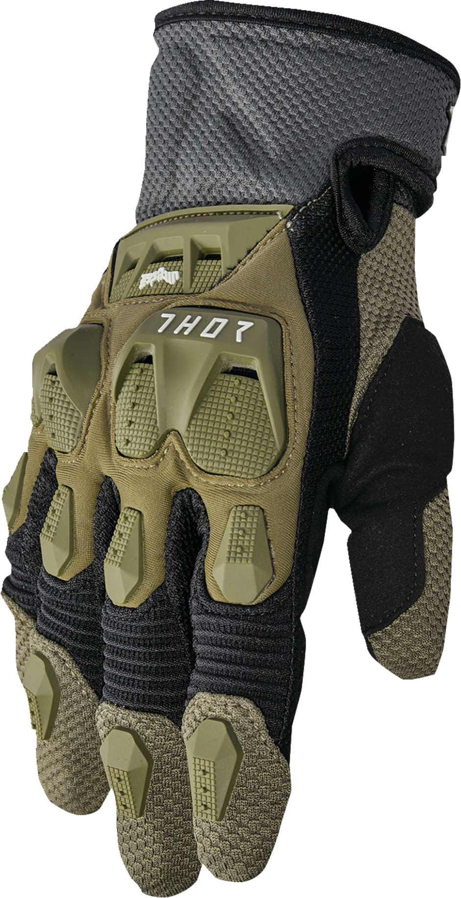 THOR Terrain gloves in army and charcoal colors, size XS, featuring durable fabric and textured grip for outdoor activities.