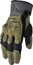 THOR Terrain gloves in army and charcoal colors, size XS, featuring durable fabric and textured grip for outdoor activities.