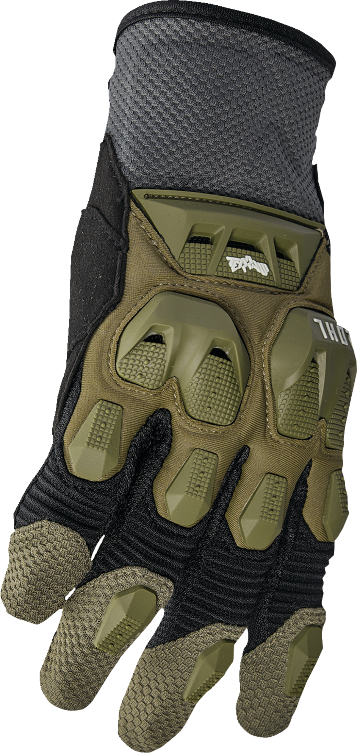 THOR Terrain Army/Charcoal gloves in XS size, padded riding gloves with reinforced palms and secure wrist closures.
