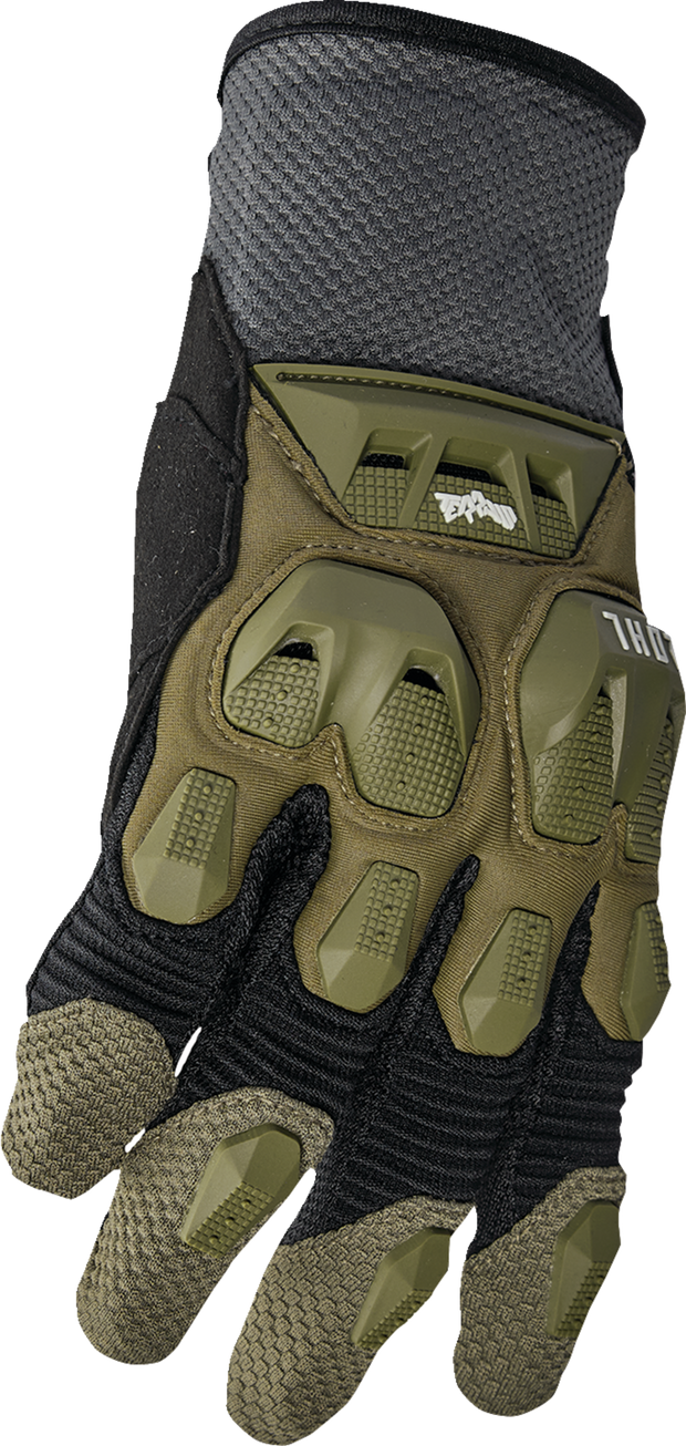 THOR Terrain Army/Charcoal gloves in XS size, padded riding gloves with reinforced palms and secure wrist closures.