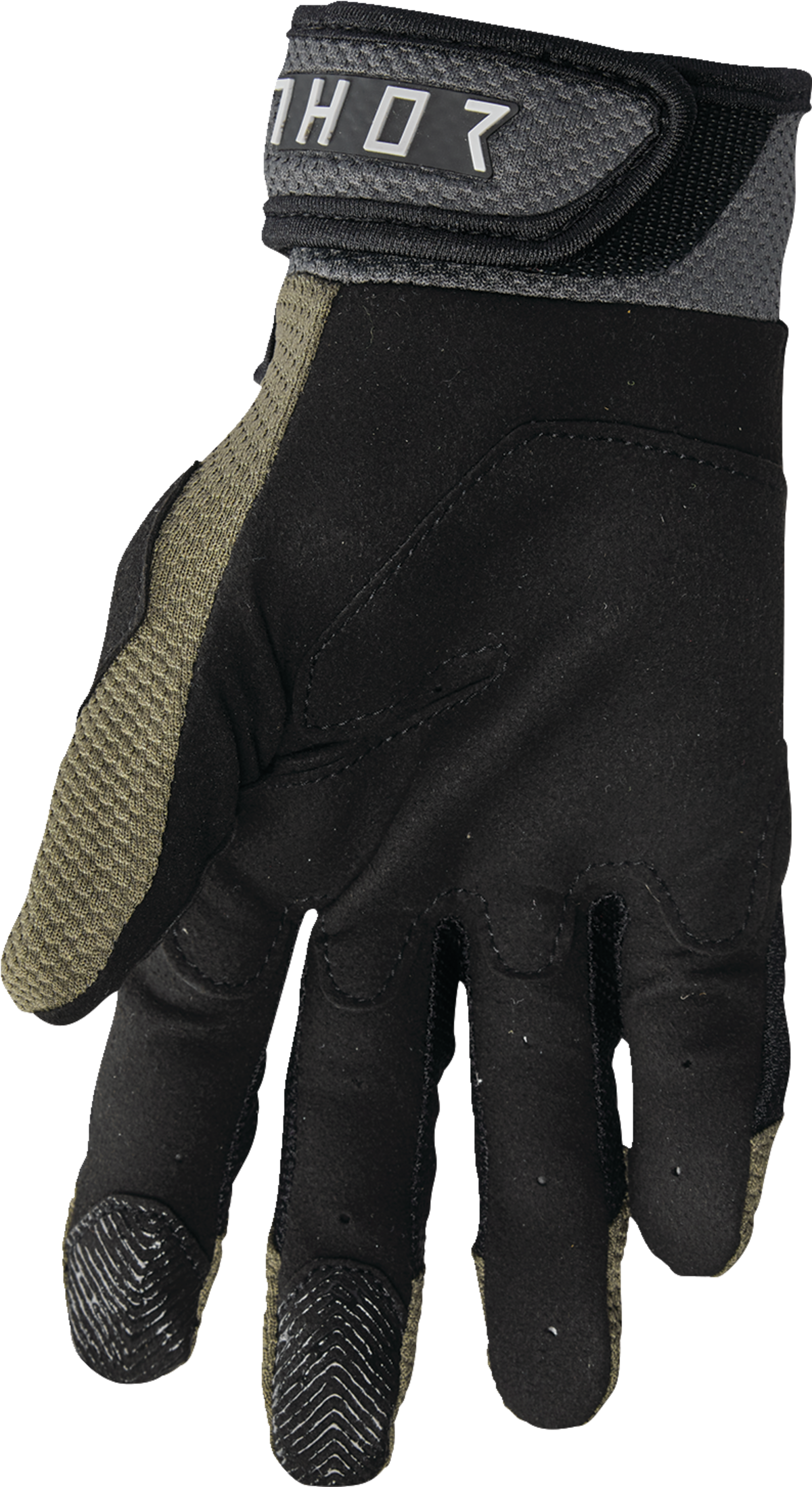 THOR Terrain gloves in army and charcoal colors, XS size, showing durable fabric and snug fit for outdoor activities.