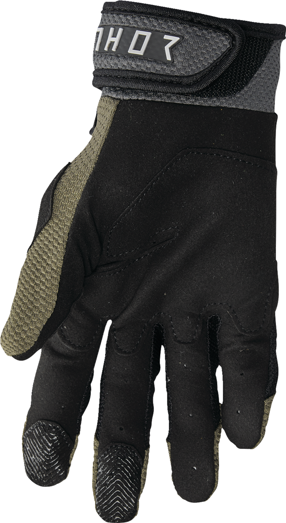 THOR Terrain gloves in army and charcoal colors, XS size, showing durable fabric and snug fit for outdoor activities.