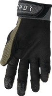 THOR Terrain gloves in army and charcoal colors, XS size, showing durable fabric and snug fit for outdoor activities.