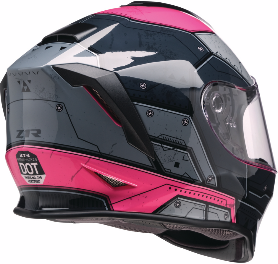 Z1R Youth Warrant 2.0 street full face helmet in black and pink for kids, small size, with visor and ventilation details.