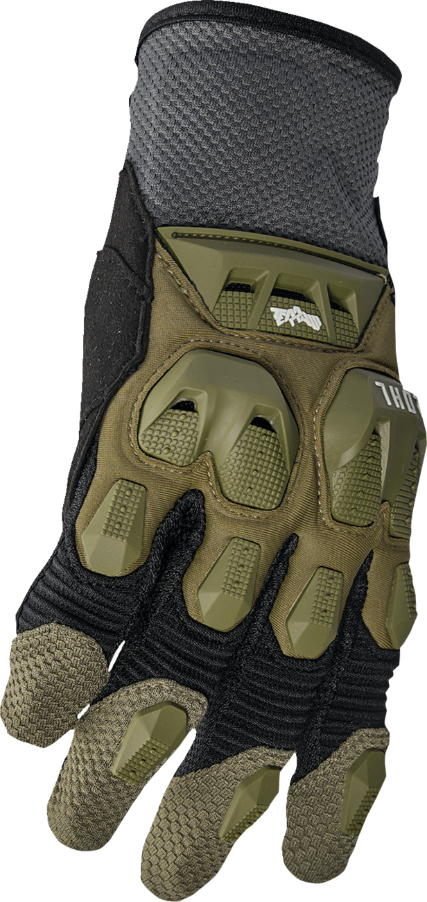THOR Terrain Army and Charcoal gloves in 2XL size showing durable fabric and reinforced palms for outdoor activities.