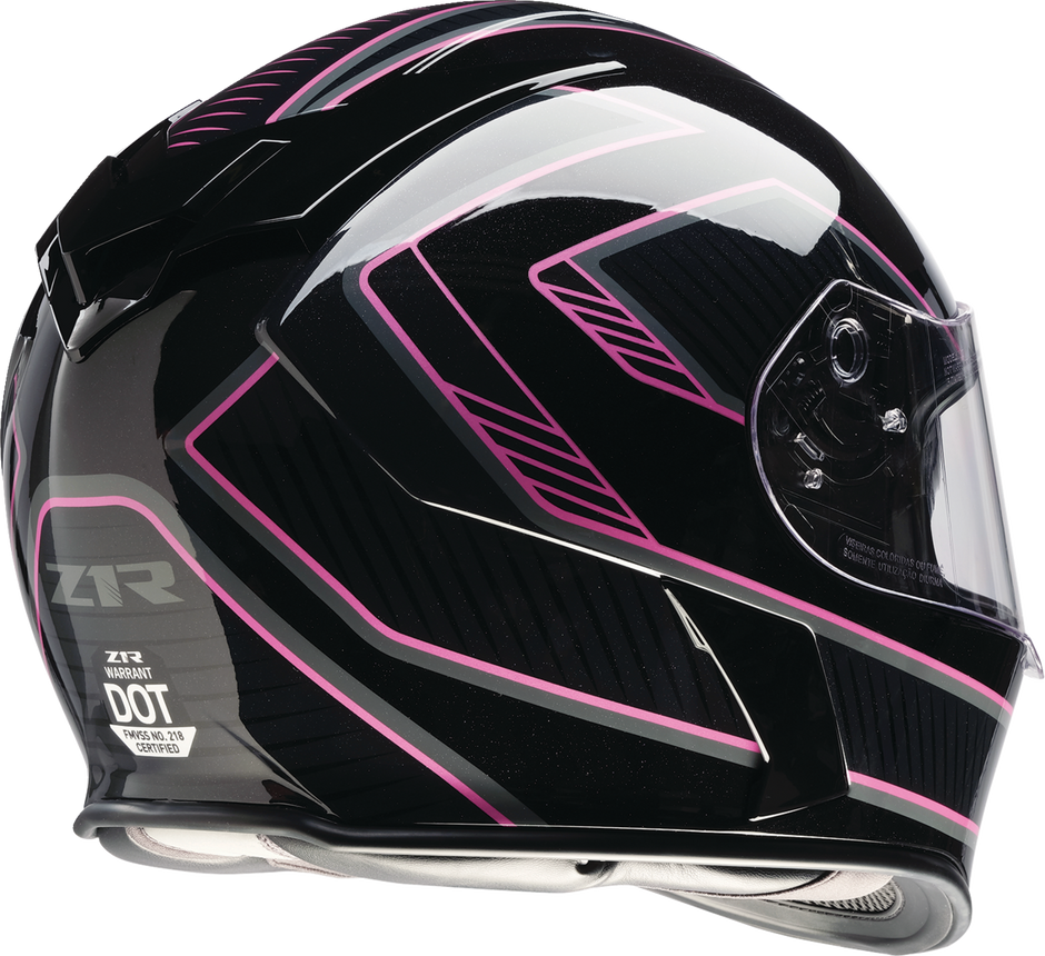 Z1R Amplify Warrant street full face helmet in black and pink, adult size XS, with aerodynamic design and secure chin strap.