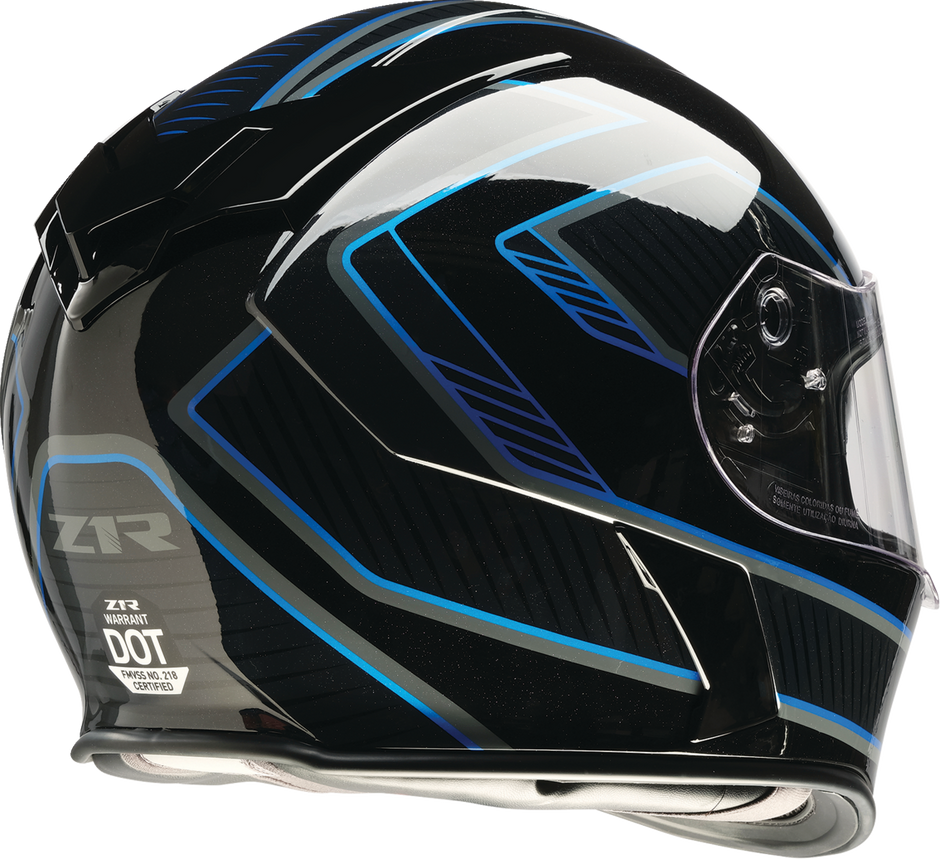 Z1R Warrant street full face helmet in black and blue, small size, with aerodynamic design and secure chin strap.