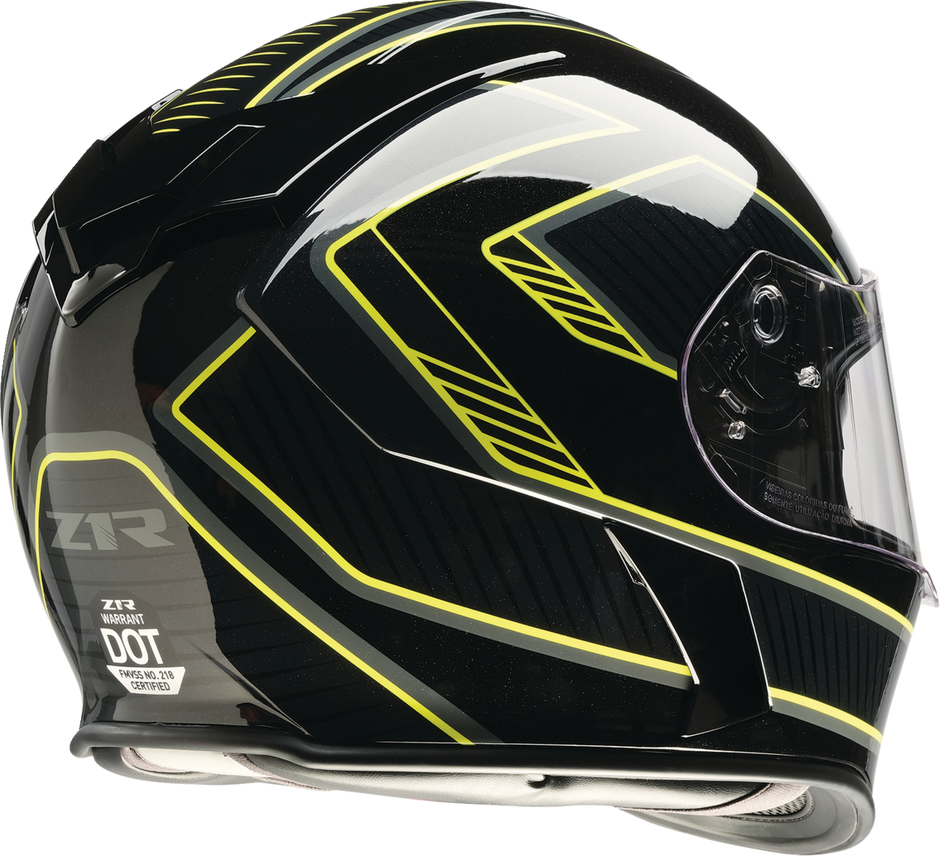 Z1R Warrant street full face helmet in black and hi-viz with XS size, featuring a sleek design and secure fit for adult riders.
