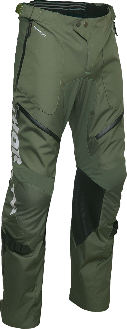 THOR Terrain over-the-boot ATV pants in army and charcoal color, US size 30, designed for offroad riding and durability.