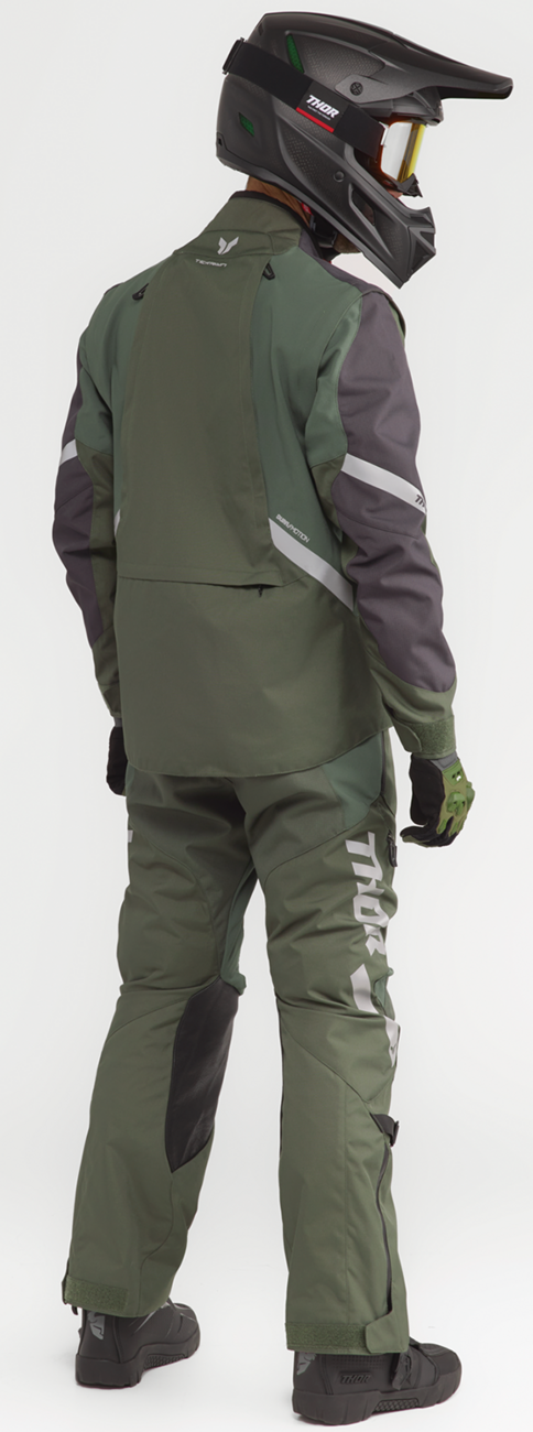 THOR Terrain over-the-boot ATV pants in army and charcoal colors, US size 30, designed for off-road riding.