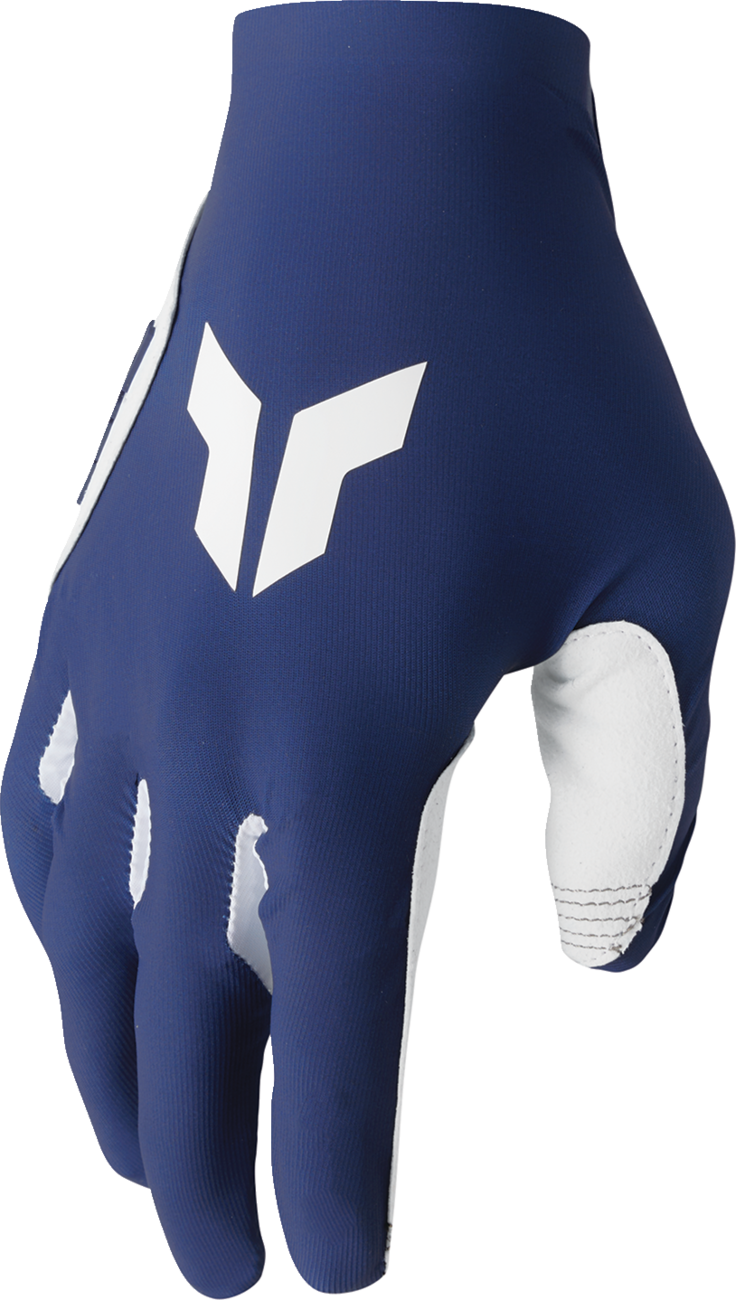 THOR Sportmode Iconic gloves in navy and white, XS size, showing padded knuckles and breathable fabric for motorcycle riding.