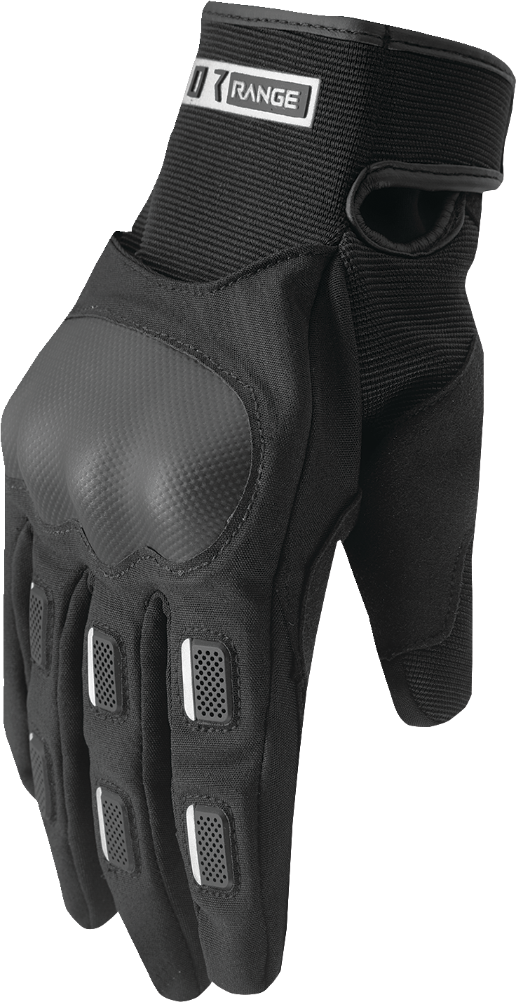 Black THOR range gloves in small size with durable fabric and adjustable wrist strap, designed for outdoor or work protection.