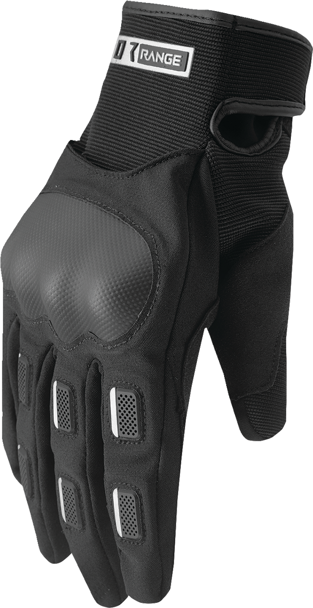 Black THOR range gloves in small size with durable fabric and adjustable wrist strap, designed for outdoor or work protection.