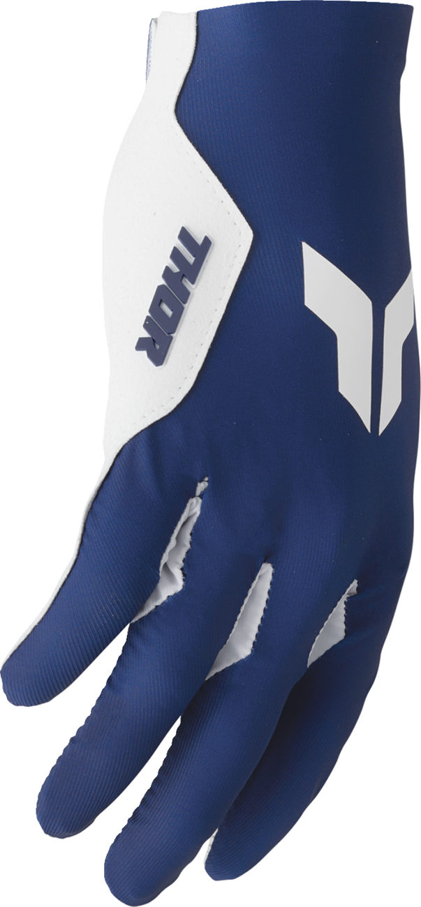 THOR Sportmode Iconic gloves in navy and white, XS size, showing padded knuckles and breathable fabric for motorcycle riding.