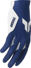 THOR Sportmode Iconic gloves in navy and white, XS size, showing padded knuckles and breathable fabric for motorcycle riding.