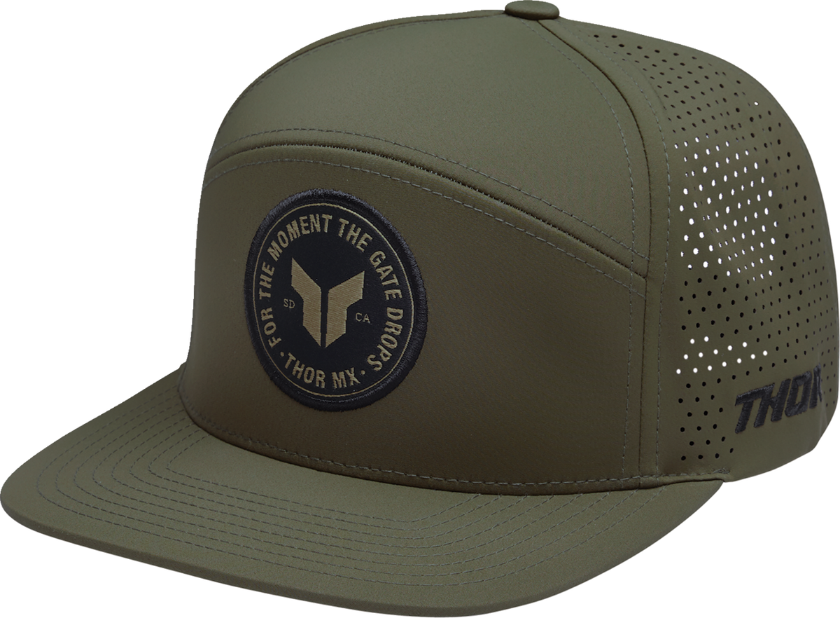 Olive THOR Badge Hat with adjustable strap and embroidered logo, casual headwear for outdoor activities.