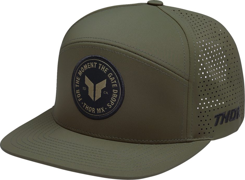 Olive THOR Badge Hat with adjustable strap and embroidered logo, casual headwear for outdoor activities.
