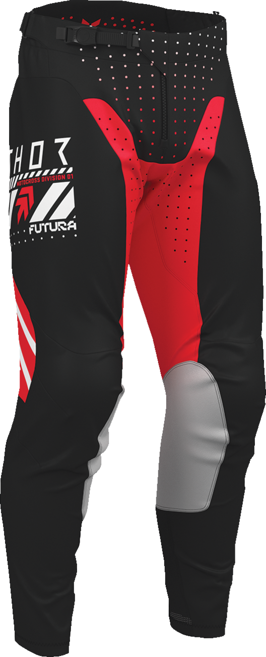 THOR Launchmode Futura ATV pants in black and red, US size 40, offroad motocross riding gear with durable fabric and protective design.