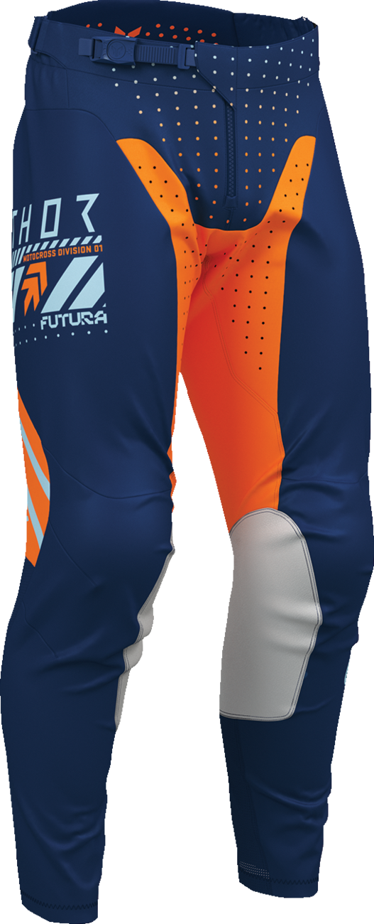 Thor Launchmode Futura offroad ATV pants in navy and orange, US size 28, durable motocross riding gear