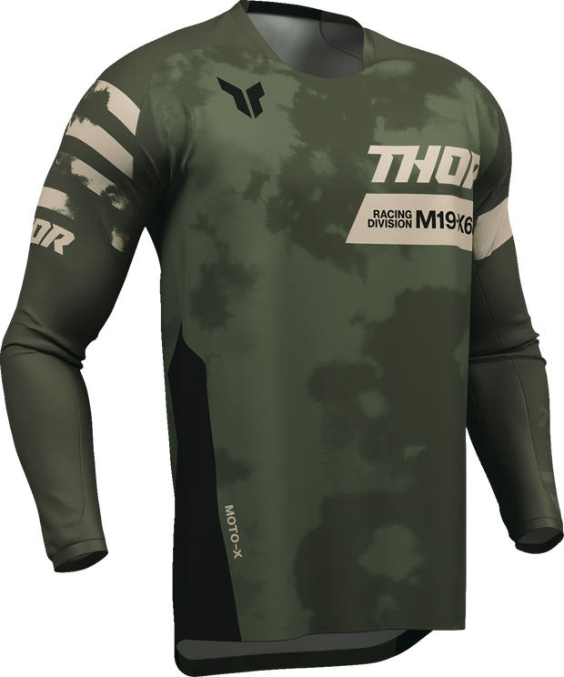 Black and camo THOR Launchmode bleach jersey for offroad ATV riding, small size, featuring durable fabric and bold design.