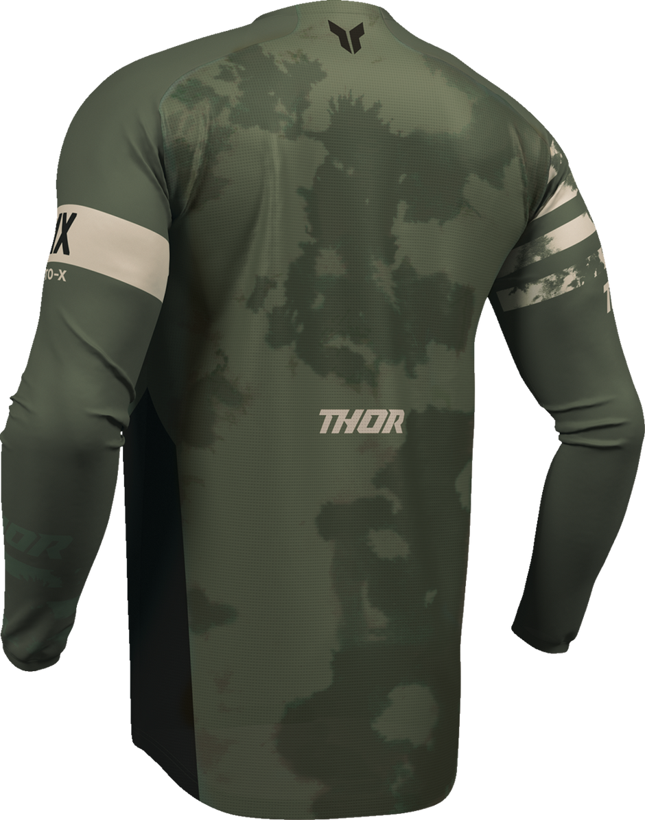 Black and camo THOR Launchmode bleach jersey for offroad ATV riding, size small, with bold graphic design.