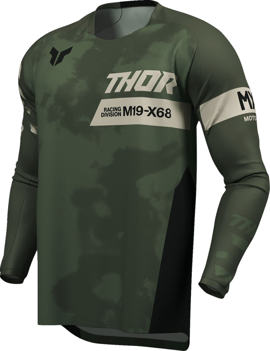 Black and camo THOR Launchmode bleach jersey, offroad ATV apparel, size small, with bold graphic design and breathable fabric.