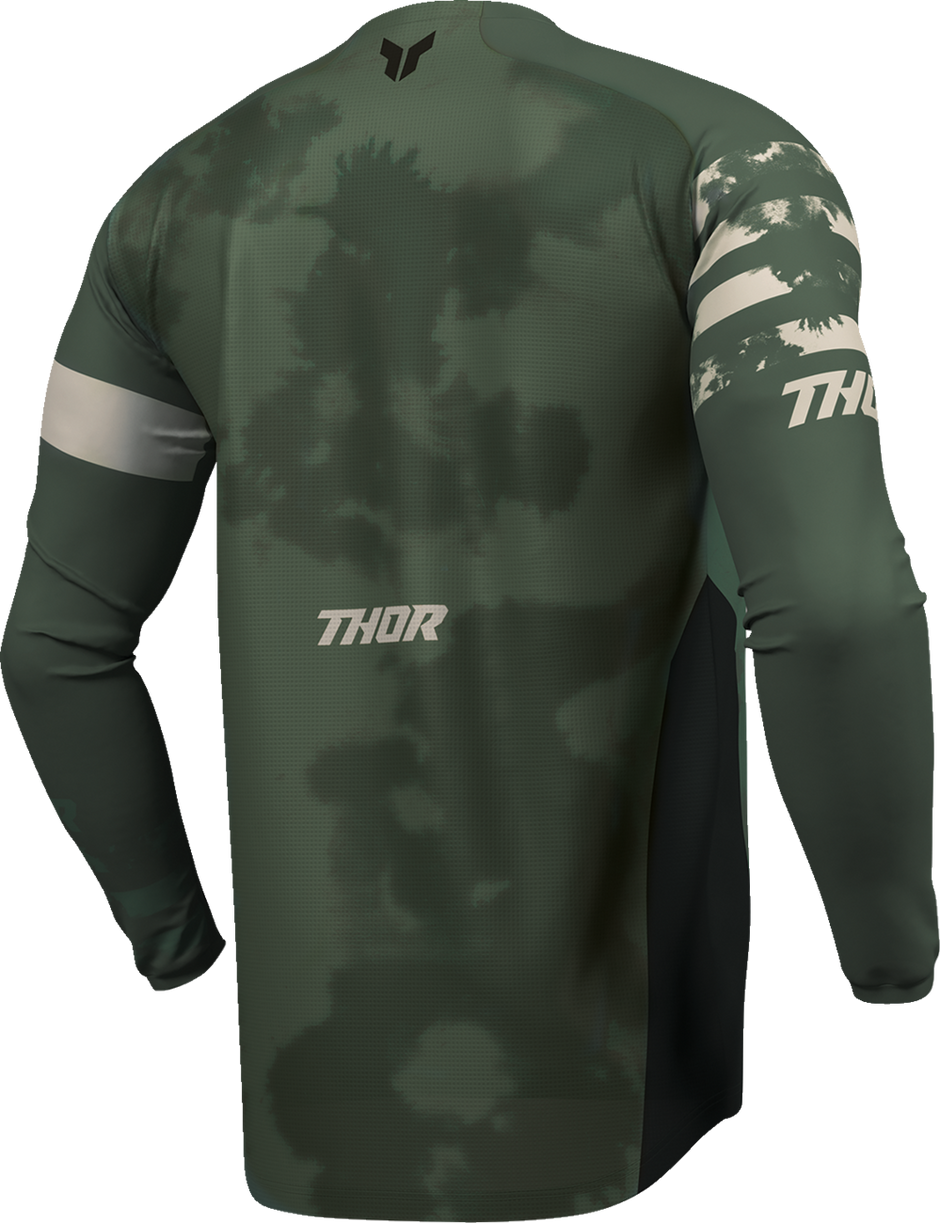 Black and camo THOR Launchmode bleach jersey for offroad ATV riding, size small, featuring durable fabric and off-road style.