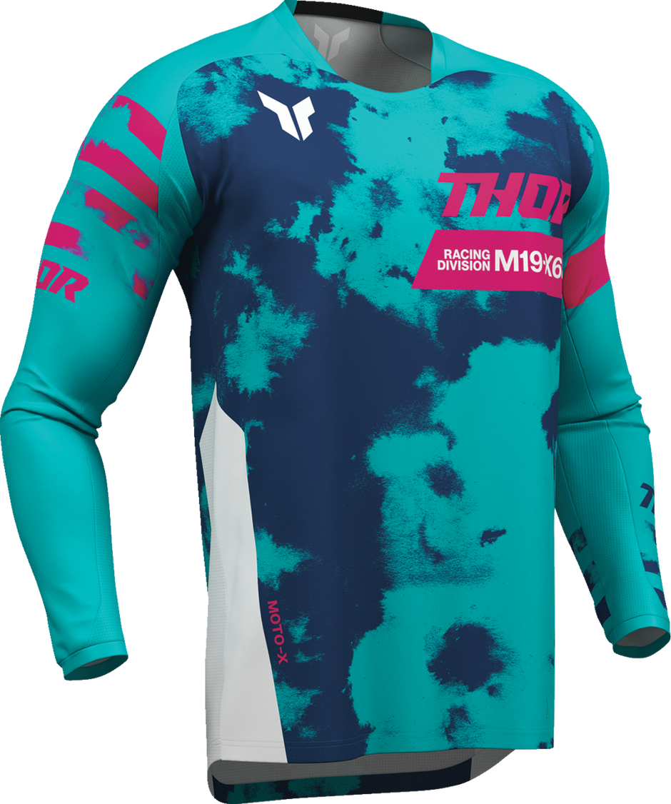 THOR Launchmode bleach jersey for offroad ATV riding, white and aqua, 2XL size, durable motocross apparel with bold design