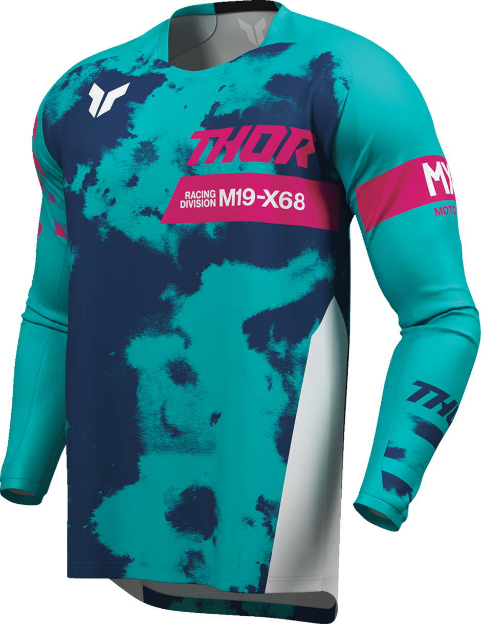 THOR Launchmode bleach jersey in white and aqua, 2XL, offroad ATV apparel, featuring breathable fabric and sporty design.