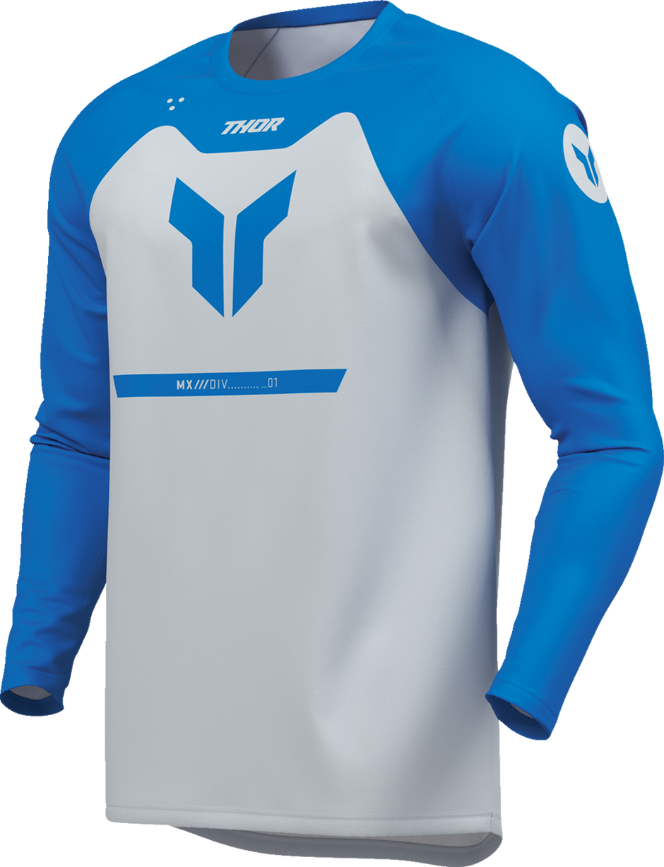 Blue THOR Ridemode Menace ATV jersey in medium size, offroad motocross apparel with breathable fabric and bold design.